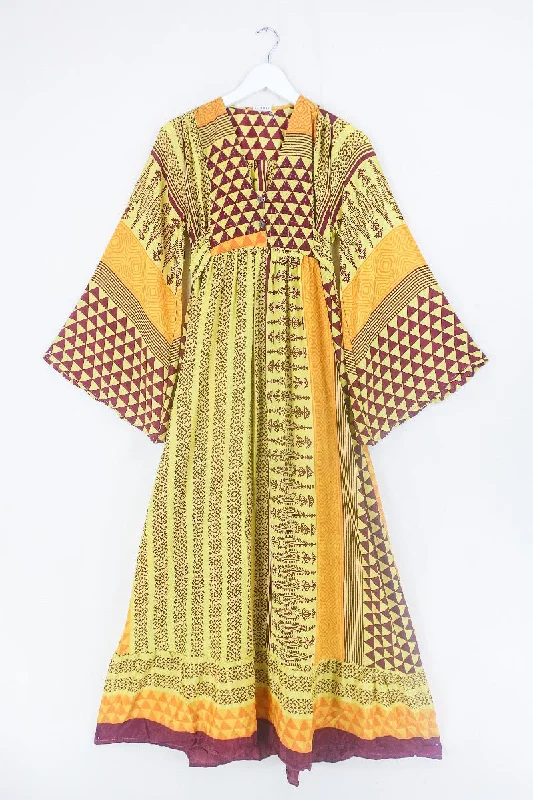 Lunar Maxi Dress - Vintage Sari - Lemon Sorbet Tile Print - Size XS Stylish Pleated A-Line Maxi Dress