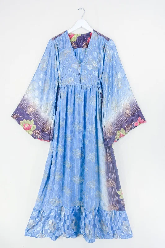 Lunar Maxi Dress - Vintage Sari - Misted Blue & Mustard Paisley - Size S/M Stylish Boho Maxi Dress