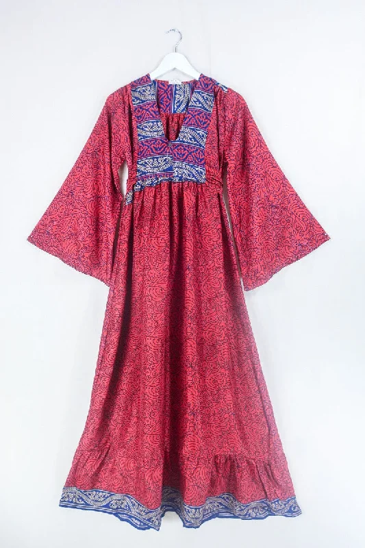 Lunar Maxi Dress - Vintage Sari - Ruby Red Psychedelic Print - Size XS Cozy Ruffle Sleeve Maxi Dress