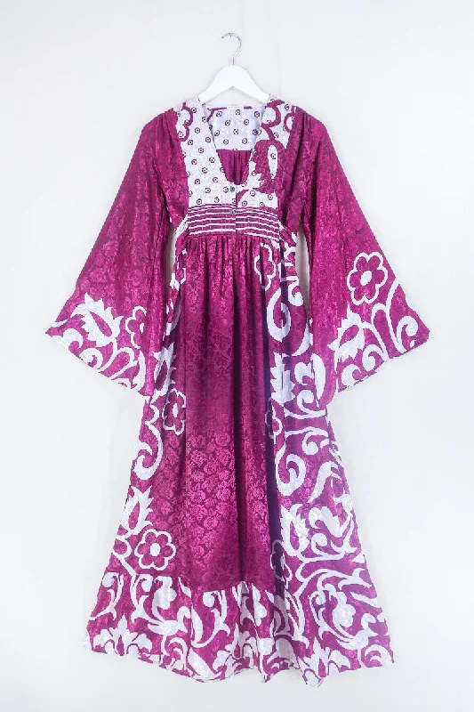 Lunar Maxi Dress - Vintage Sari - Wine and Ice Flora  - Size S/M Comfortable Cotton Maxi Dress