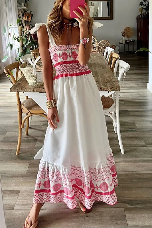 Malibu Villa Ethnic Printed Smocked Shoulder Tie Maxi Dress Elegant Maxi Dress with Belt