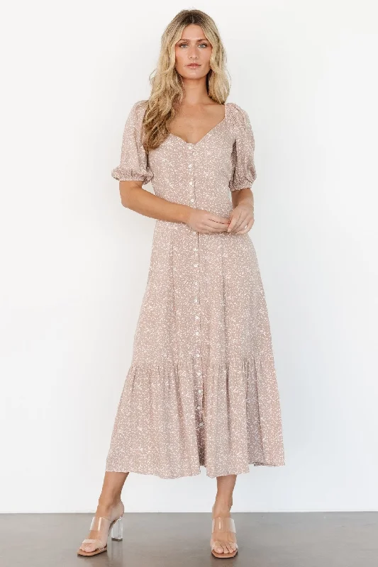 Mathilda Button Maxi Dress | Beige Floral Stylish Maxi Dress with Frills