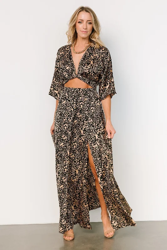 Morlana Maxi Dress | Black + Tan Print Trendy Fit-and-Flare Maxi Dress