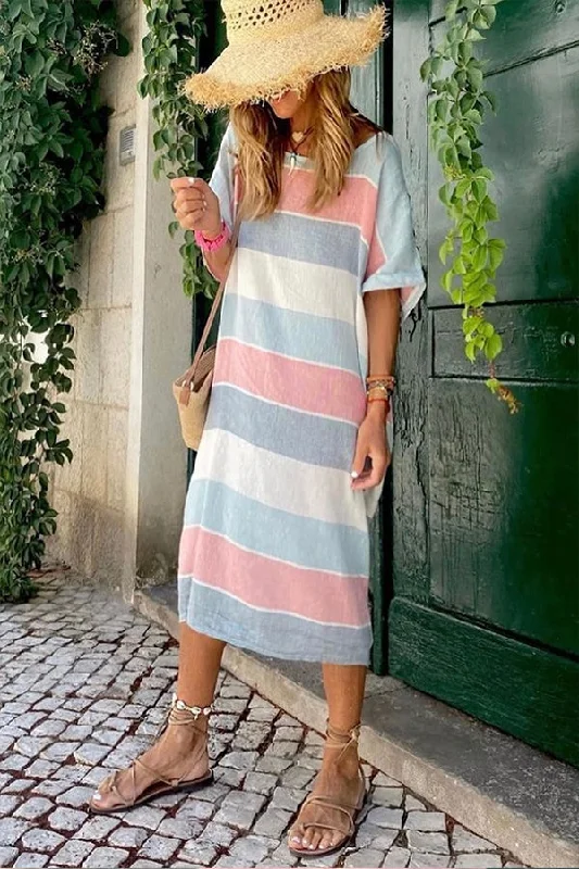 Multicolor Striped Color Block Loose Fit Half Sleeve Maxi Dress Cozy Knit Maxi Dress