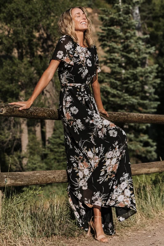 Naomi Short Sleeve Maxi Dress | Black Floral Elegant Maxi Dress with Ruffles