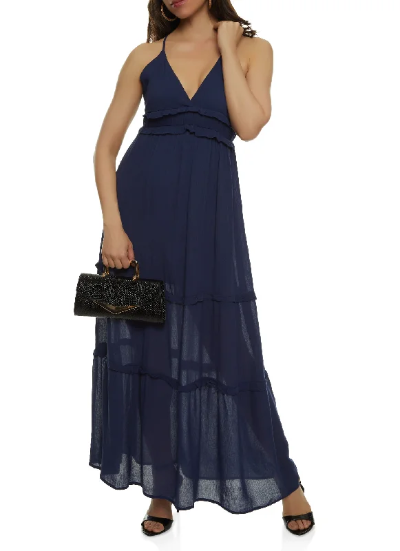 Sleeveless Tiered Empire Waist Maxi Dress Stylish Pleated A-Line Maxi Dress