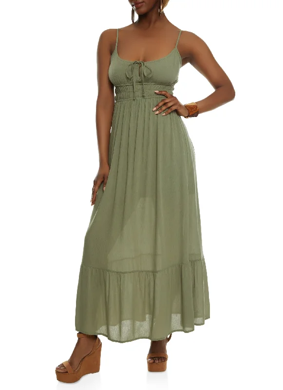 Gauze Knit Tie Front Tiered Maxi Dress Elegant Maxi Dress with Pockets