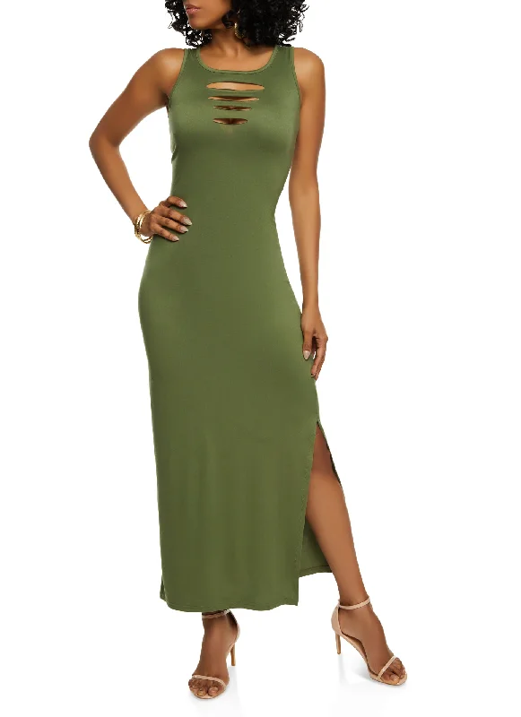 Laser Cut Front Side Slit Tank Maxi Dress Elegant Maxi Dress with Pockets