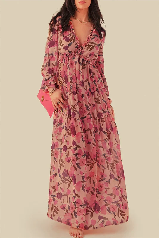 Pastel Red Floral Print Ruffle Trim Plunge Neckline Maxi Dress Elegant Lace-Up Maxi Dress