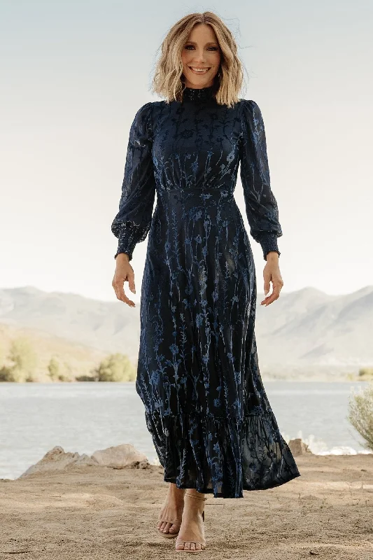 Penelope Velvet Maxi Dress | Midnight Blue Comfortable Maxi Dress with Sleeves