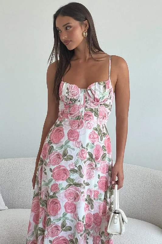 Pink Floral Maxi Dress Strappy Trendy Short Sleeve Maxi Dress