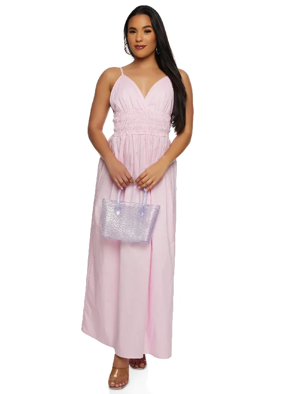 Haute Monde Smocked Waist Plunge Maxi Dress Fashionable Sheer Maxi Dress