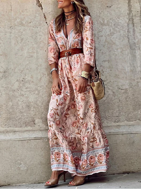 Pink Sexy Bohemian Floral V Neck Ruffle Maxi Dress Stylish Off-Shoulder Maxi Dress