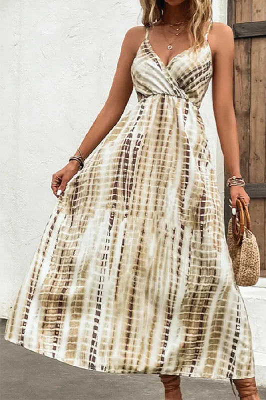 Printed V-neck With Suspenders Maxi Dress Fashionable Button-Down Maxi Dress