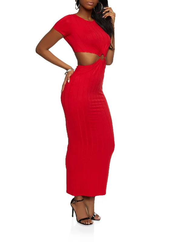 Ribbed O Ring Cut Out Maxi Dress Stylish Long Sleeve Maxi Dress