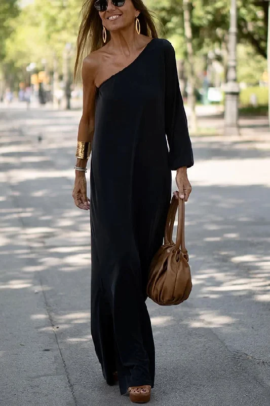 Side To Side One Shoulder Statement Maxi Dress Stylish Button-Up Maxi Dress