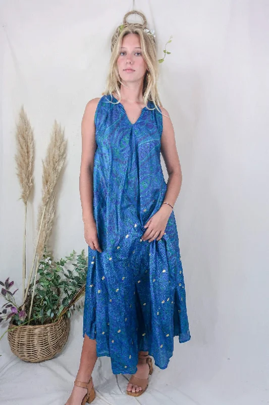 Siren Maxi Dress - Golden Treasure, Ocean Teal and Seagrass Green Intricate Paisley - Vintage Indian Silk - M/L Cozy Knit Maxi Dress