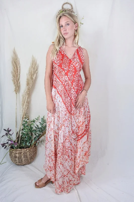 Siren Maxi Dress - Spark the Fire Ikat- Vintage Indian Silk - M/L Trendy Short Sleeve Maxi Dress