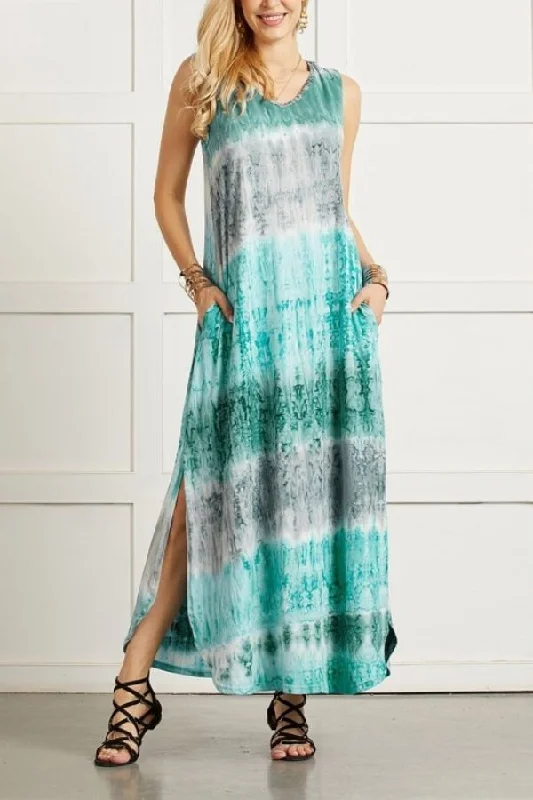 SLEEVELESS COLORFUL PRINTING MAXI DRESS Casual Maxi Dress with Pockets