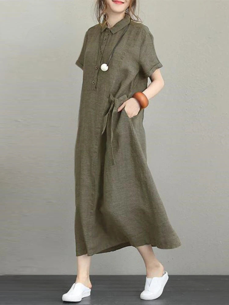 DressBetty - 2024 Summer Cotton Linen Vintage Casual Loose Mid-length Maxi Dress Cozy Ribbed Maxi Dress