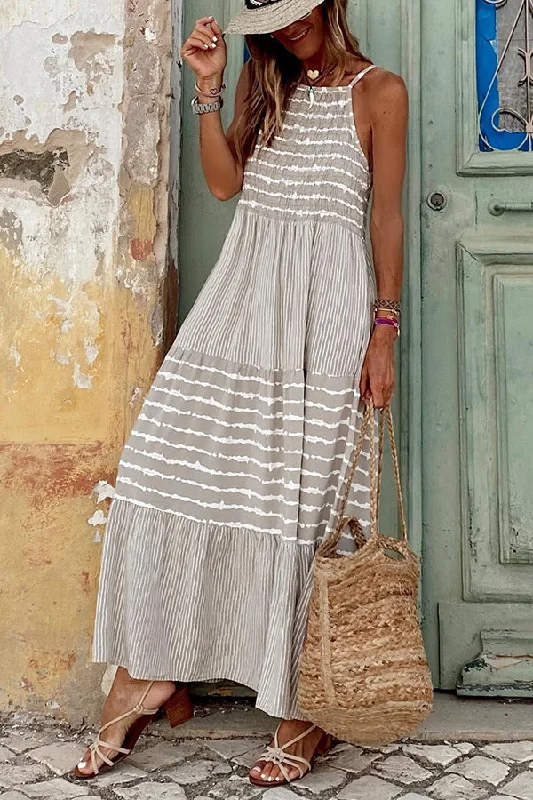 Summer Rise Striped Halter Neck A-line Maxi Dress Comfortable Flowy Maxi Dress