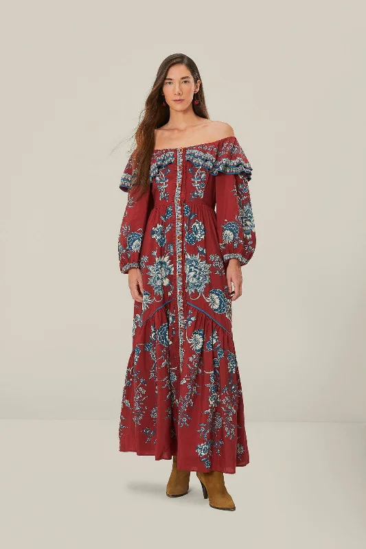 Red Tropical Landing Off Shoulder Maxi Dress Fashionable Button-Down Maxi Dress