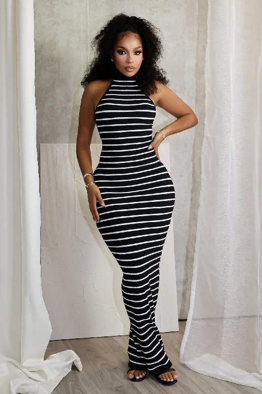 Verona Stripe Mock Neck Maxi Dress Cozy Maxi Dress with Slit