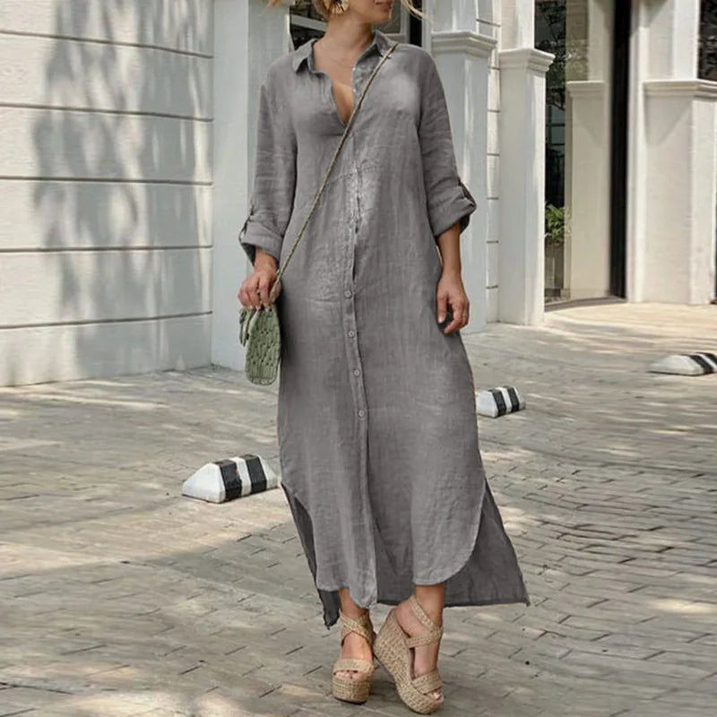 DressBetty - 2024 Vintage Solid Tunicas Lapel Button Up Boho Maxi Dress Chic Sleeveless Maxi Dress