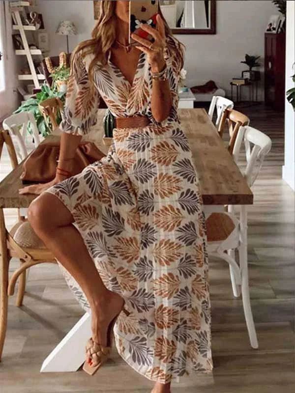 iForgirls V-Neck Printed Maxi Dress Comfortable Fit-and-Flare Maxi Dress