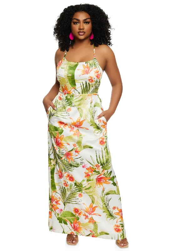 Haute Monde Tropical Print Cami Maxi Dress Comfortable Ruffle Hem Maxi Dress