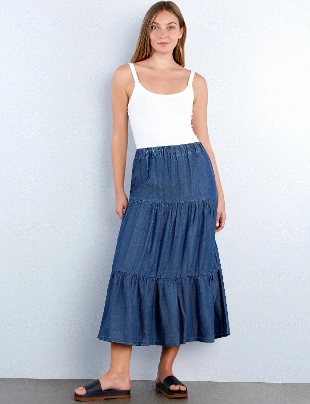 Flounce Denim Maxi Skirt spandex blend skirt