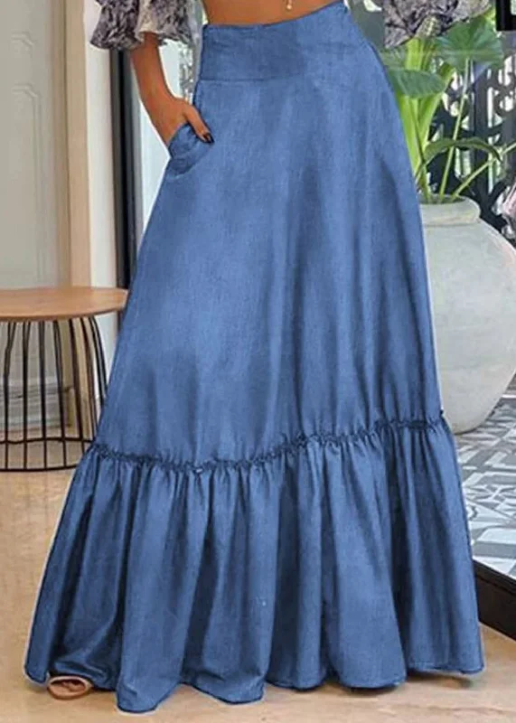 Handmade Blue Wrinkled Patchwork High Waist Denim Maxi Skirt Summer cotton skirt soft