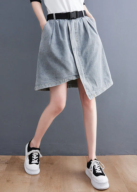 Light Blue Denim Skirts Asymmetrical Design Elastic Waist Summer a-line skirt cut