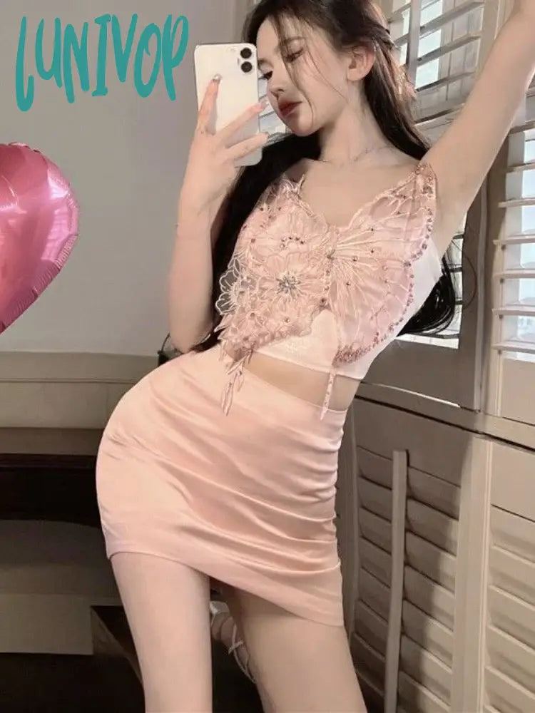 Lunivop Butterfly Vintage Elegant Two Piece Set Women Lace Korean Sexy Mini Skirts Suit Female Chic Pink Vest + Designer Skirt denim skirt fashionable