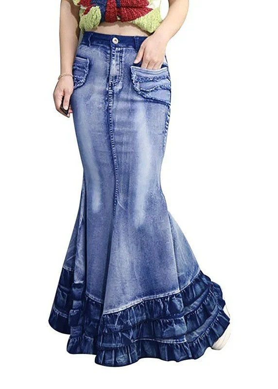 Modern Blue Wrinkled Pockets Patchwork Denim Skirt Summer silk skirt sleek