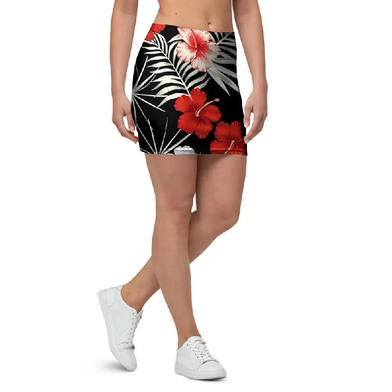 Red And White Hibiscus Flowers Hawaiian Print Mini Skirt casual skirt length