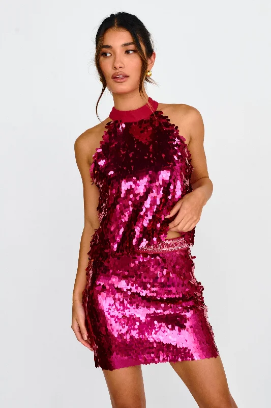 She's So LA Sequin Mini Skirt Hot Pink elastic waist skirt