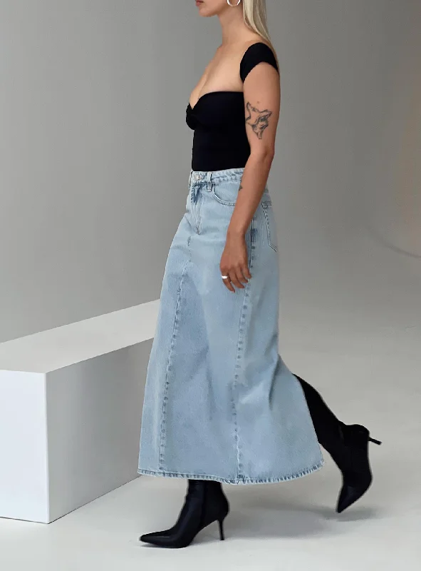 Whessler Split Back Denim Midi Skirt Light Wash vintage skirt charm