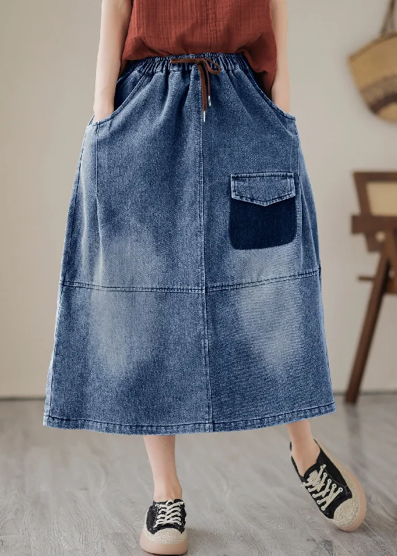 Women Blue Patchwork Drawstring Elastic Waist Denim Skirts Summer summer skirt style