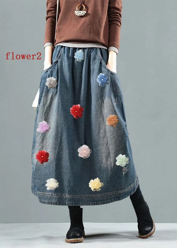 Blue-Colorful flowers Pockets Retro Patchwork Summer Skirts Denim casual skirt length