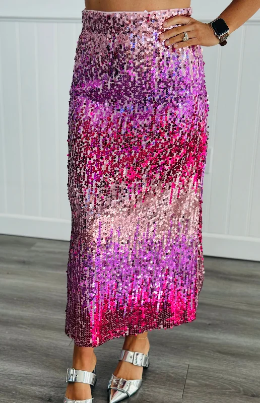 Fuchsia Sequined Ombre Midi Skirt (Reg) denim skirt durable