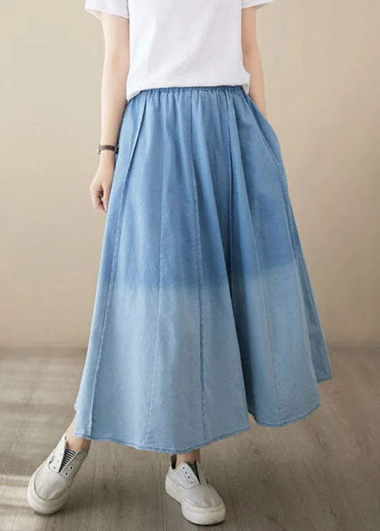 Light Blue Pockets Patchwork Denim Skirts Wrinkled Summer flowy skirt hem