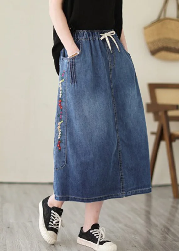 Plus Size Blue Embroideried Pockets Denim Skirts Summer modal blend skirt