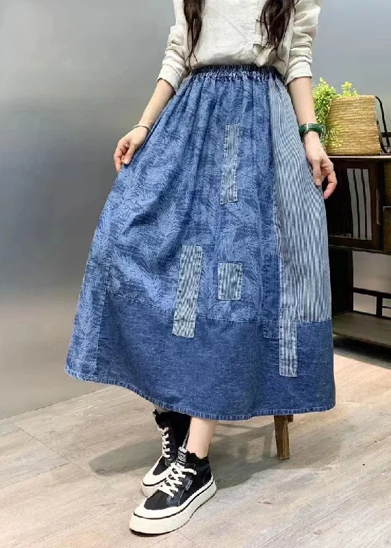 Retro Blue Wrinkled Pockets Print Patchwork Denim Skirts Summer leather skirt modern