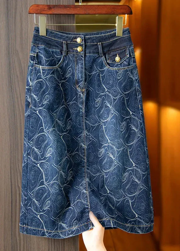 Vintage Blue Print High Waist Button Denim A Line Skirts Summer modal blend skirt