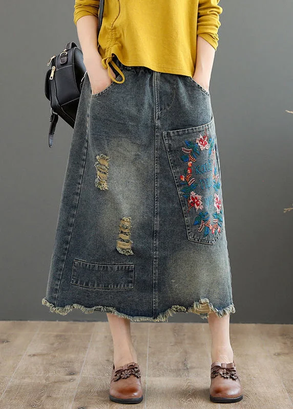 Vintage Grey Asymmetrical Embroideried Patchwork High Waist Denim Maxi Skirts Summer floral skirt print