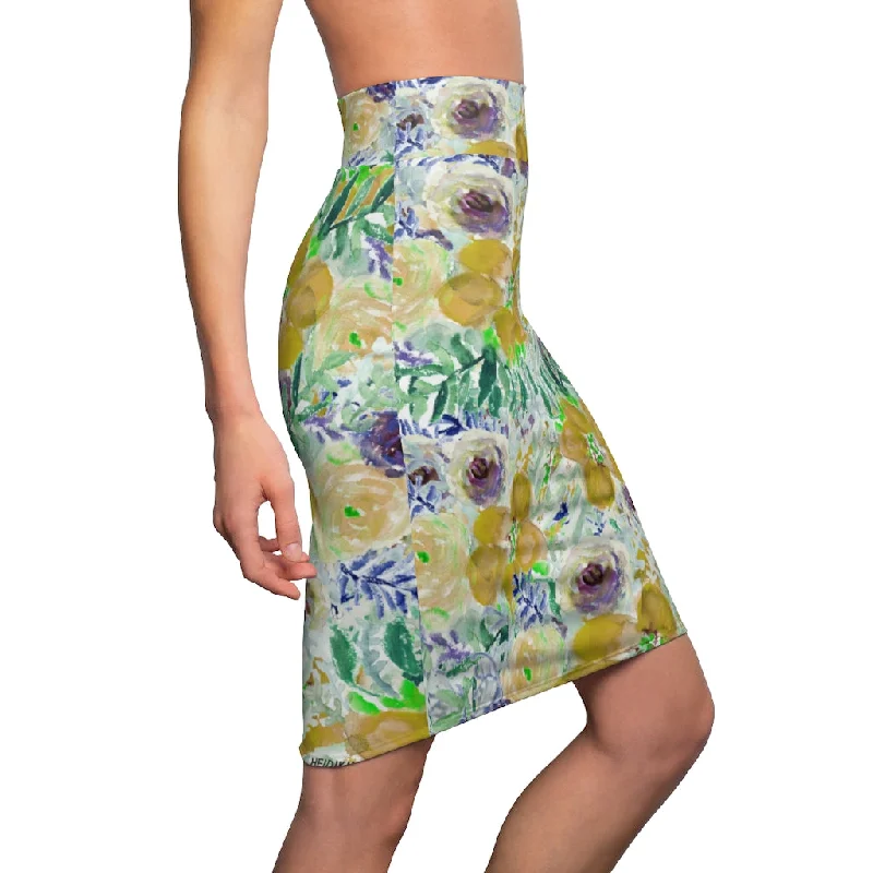 Yellow Floral Women's Pencil Skirt, Yellow Mixed Flower Printed Designer Skirt-Made in USA wrap skirt elegant