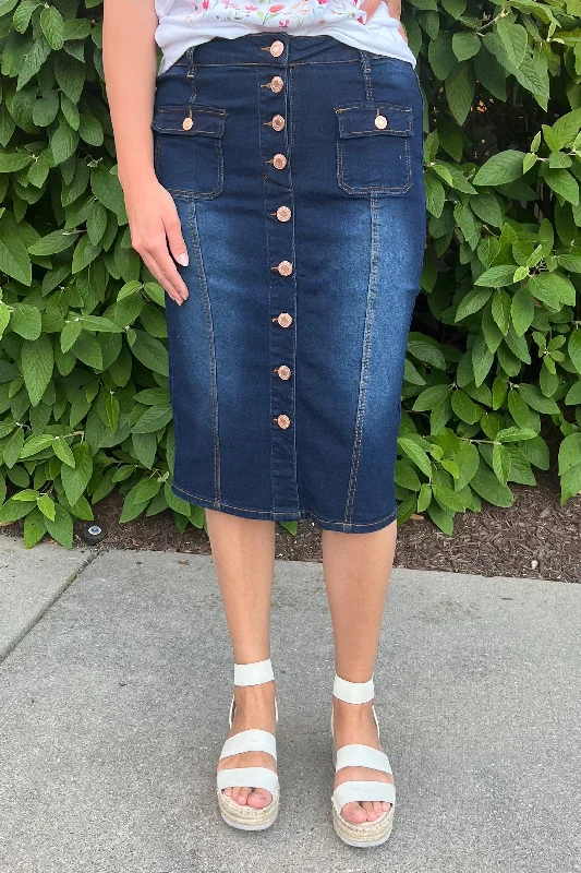 Zoey Button Down Denim Skirt in Dk. Indigo low waist skirt